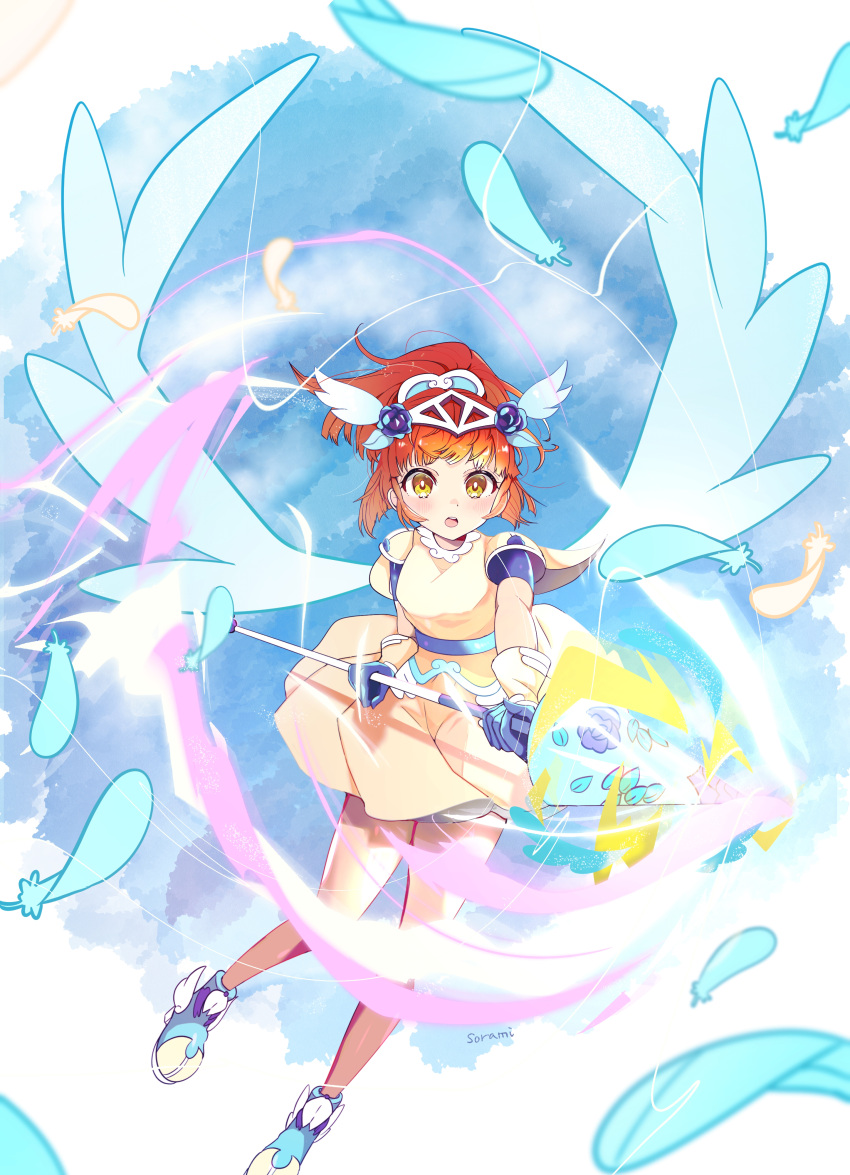 1girl absurdres arle_nadja belt blush dress falling_feathers feathers headpiece highres holding holding_wand long_hair magic open_mouth orange_hair ponytail puyopuyo short_sleeves shorts_under_dress solo sorami wand winged_footwear wings yellow_eyes
