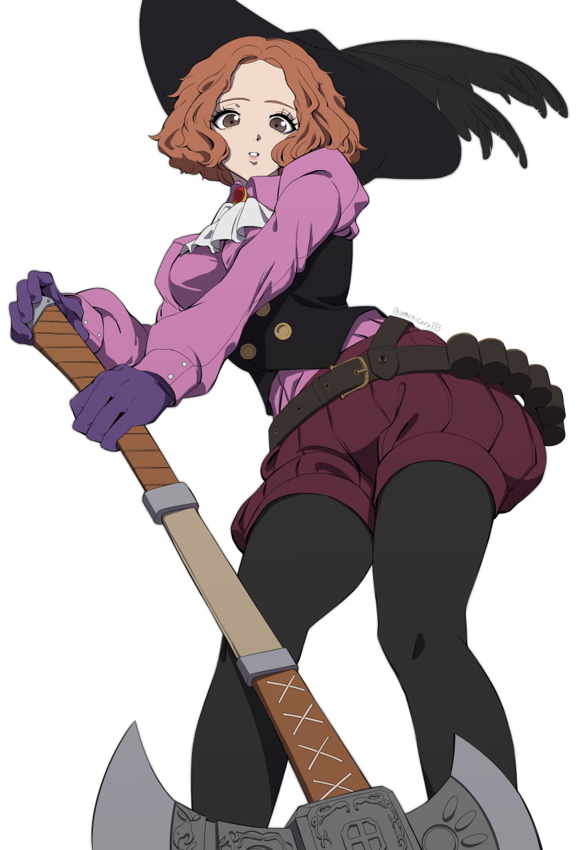 1girl absurdres ascot axe belt belt_buckle black_belt black_eyes black_headwear black_pantyhose brown_hair buckle buttons collared_shirt commentary forehead gloves hat hat_feather highres holding holding_axe holding_weapon long_sleeves looking_at_viewer okumura_haru pantyhose parted_lips persona persona_5 pink_shirt purple_gloves shirt short_hair simple_background solo umenituru weapon white_ascot white_background