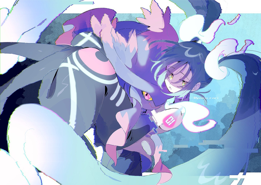 aqua_hair detached_sleeves ghost ghost_miku_(project_voltage) glitch gradient_hair hair_between_eyes hatsune_miku long_hair looking_at_viewer mismagius multicolored_hair necktie pale_skin paru_rari pokemon pokemon_(creature) project_voltage sleeves_past_fingers sleeves_past_wrists twintails very_long_hair vocaloid will-o'-the-wisp_(mythology) yellow_eyes