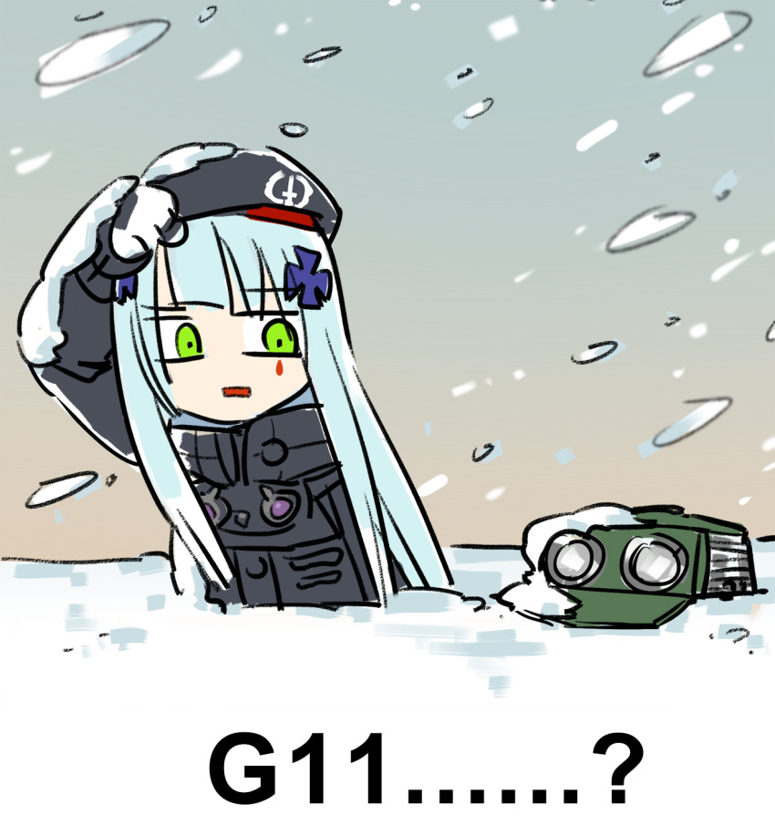 2girls beret black_headwear black_jacket blizzard buried_alive chinese_commentary commentary_request covering_face g11_(girls'_frontline) girls_frontline gloves green_eyes green_headwear grey_hair hat highres hk416_(girls'_frontline) jacket long_hair long_sleeves m16a1_(girls'_frontline) multiple_girls outdoors parted_lips snow snow_on_body snow_on_head square_mouth su_xiao_jei teardrop_facial_mark very_long_hair white_gloves
