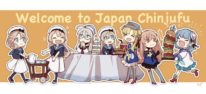 6+girls absurdres ahoge ane_hoshimaru black_gloves black_pantyhose black_sailor_collar blonde_hair blue_eyes blue_sailor_collar burger chibi closed_eyes commission cup disposable_cup dress english_text fang fletcher_(kancolle) flying_sweatdrops food french_fries glasses gloves grey_hair hat headgear heywood_l._edwards_(kancolle) highres janus_(kancolle) javelin_(kancolle) jervis_(kancolle) johnston_(kancolle) kantai_collection light_brown_hair long_hair long_sleeves multiple_girls open_mouth pantyhose rudder_footwear sailor_collar sailor_dress samuel_b._roberts_(kancolle) school_uniform serafuku single_glove skeb_commission skin_fang sparkle table wavy_mouth white_gloves