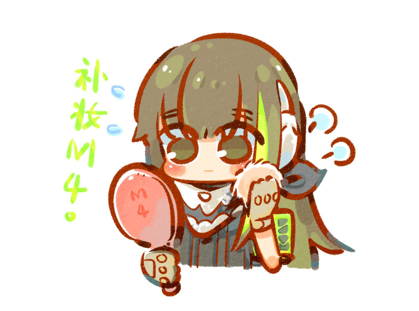 1girl applying_makeup armband blush brown_eyes brown_hair chibi chinese_commentary chinese_text closed_mouth commentary_request expressionless flying_sweatdrops girls_frontline gloves green_armband green_hair hand_mirror headphones holding holding_mirror long_hair looking_at_mirror m4a1_(girls'_frontline) mask mirror multicolored_hair puff_of_air skull_mask solo streaked_hair su_xiao_jei translation_request upper_body white_background