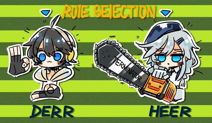 1boy 1girl :3 :d ahoge arrow_(symbol) beret black_gloves black_hair black_necktie blue_eyes blue_headwear blush braid brother_and_sister chainsaw character_name character_select chibi chinese_commentary closed_mouth commentary_request dier_(girls'_frontline) english_text fingerless_gloves girls_frontline gloves green_background grey_hair hair_between_eyes hair_ornament hairclip hat headphones holding holding_chainsaw hood hoodie long_hair necktie notice_lines ok_sign open_mouth short_hair siblings sier_(girls'_frontline) smile striped striped_background su_xiao_jei white_hoodie