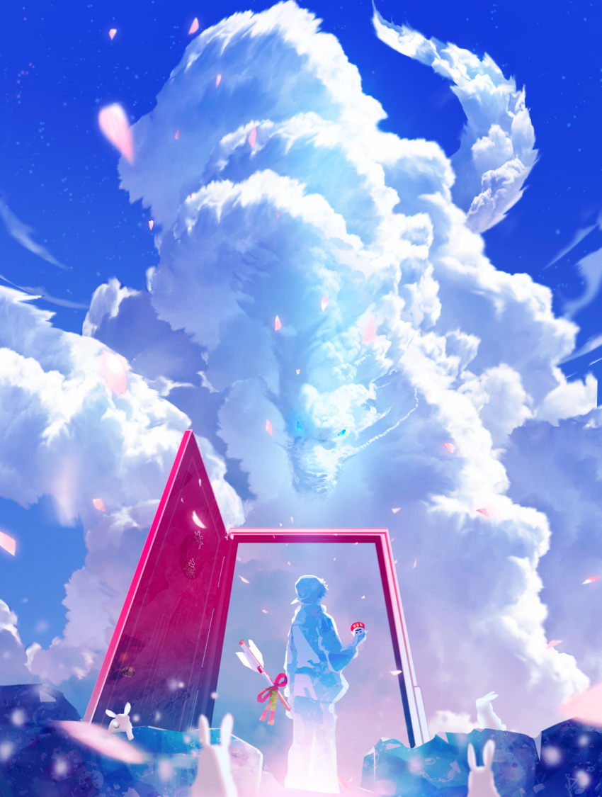 1other ambiguous_gender arrow_(projectile) blue_sky cliff clouds commentary_request door dragon eastern_dragon facing_away feet_out_of_frame highres holding holding_arrow looking_down makoron117117 original rabbit scenery short_hair sky