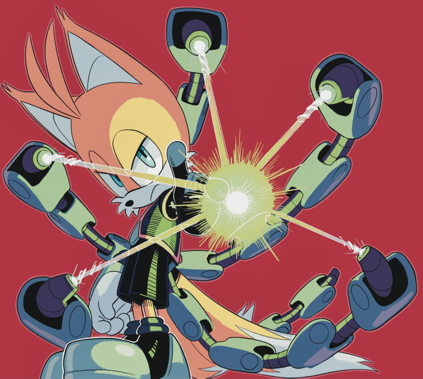 1boy absurdres angry animal_ears animal_nose black_footwear black_shorts blue_eyes commentary english_commentary fox_boy fox_ears fox_tail gloves highres mechanical_tentacles nine_(sonic) red_background science_fiction shorts sonic_(series) stars_kii tail tails_(sonic) white_gloves