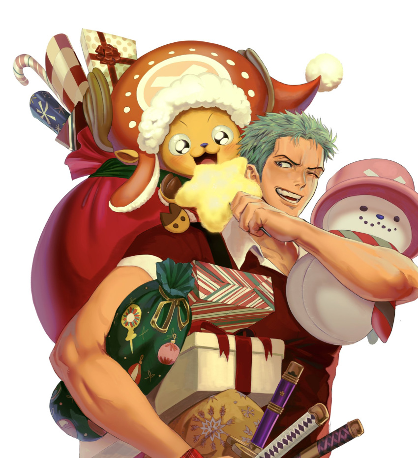 2boys blush box brown_fur candy candy_cane carrying carrying_under_arm cotton_candy food gift gift_box green_hair happy highres holding holding_sword holding_weapon male_focus multiple_boys nok_(nok_1) one_eye_closed one_piece open_mouth oversized_hat red_bag red_headwear red_shirt roronoa_zoro scar scar_across_eye scar_on_face shirt short_hair sideburns simple_background sitting_on_shoulder stuffed_toy sword tony_tony_chopper triple_wielding upper_body weapon white_background