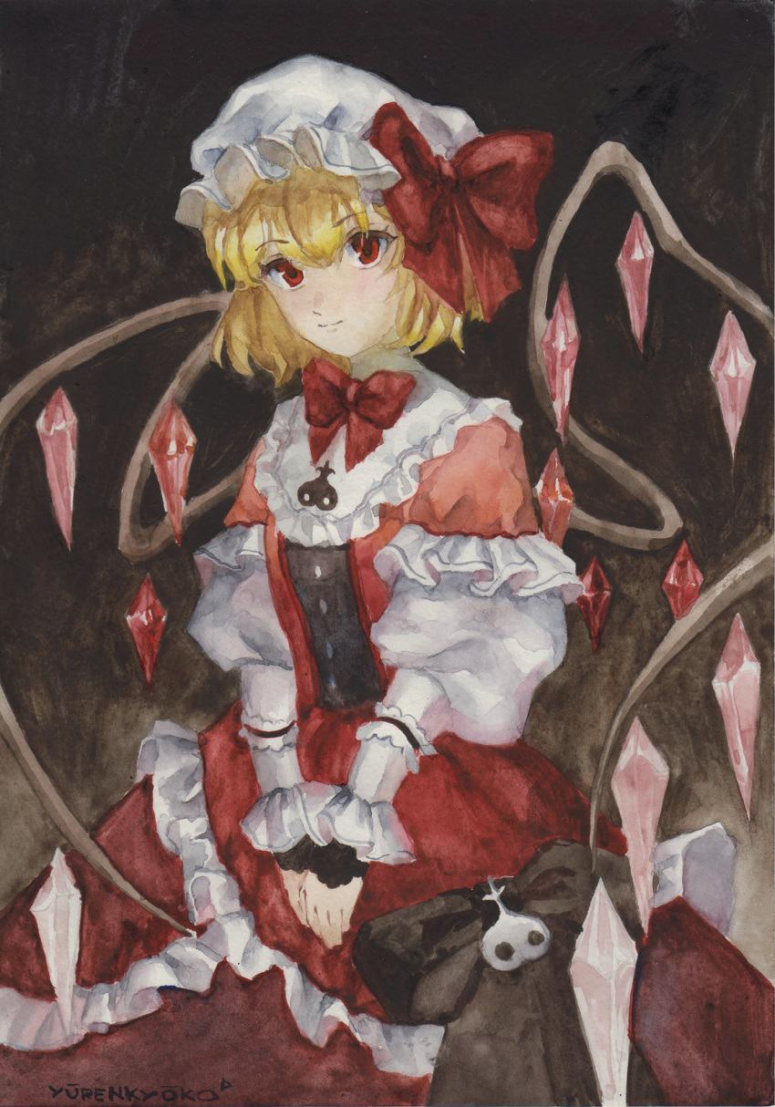 1girl alternate_costume artist_name blonde_hair bow bowtie brown_background closed_mouth commentary cowboy_shot crystal_wings dress english_commentary flandre_scarlet frilled_dress frills hair_between_eyes hat hat_bow highres long_sleeves looking_at_viewer mob_cap painting_(medium) red_bow red_bowtie red_dress red_eyes short_hair simple_background solo touhou traditional_media watercolor_(medium) white_headwear yuuren_kyouko