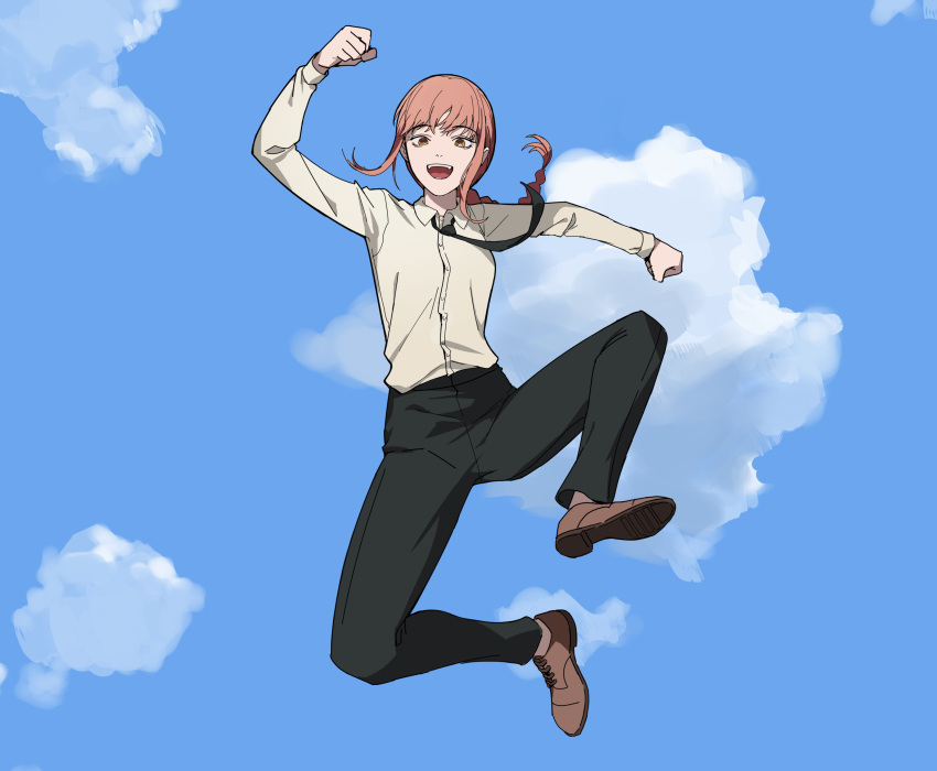 1girl absurdres black_necktie black_pants blue_sky braid braided_ponytail brown_eyes chainsaw_man clouds cloudy_sky collared_shirt day gundam highres jason_kim long_hair long_sleeves looking_at_viewer makima_(chainsaw_man) midair necktie open_mouth outdoors pants redhead shirt sidelocks sky smile solo victory_gundam white_shirt