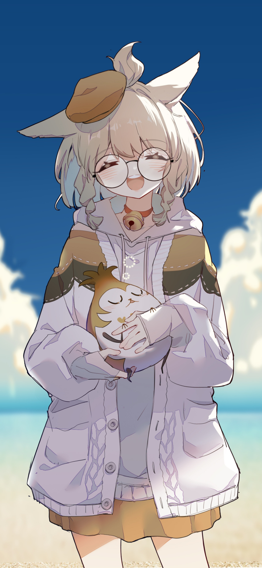1girl :o absurdres animal_ears beach bell beret blonde_hair blue_sky braid brown_skirt cat_ears closed_eyes clouds cloudy_sky creature feet_out_of_frame final_fantasy final_fantasy_xiv glasses grey_shirt hat highres holding holding_creature hood hood_down hoodie jingle_bell mini_hat miqo'te ocean open_clothes open_hoodie patchwork_clothes phooka_(final_fantasy) puffy_sleeves shiluxvi shirt skirt sky sleep_bubble sleeping smile solo teeth twin_braids upper_teeth_only warrior_of_light_(ff14) white_hoodie