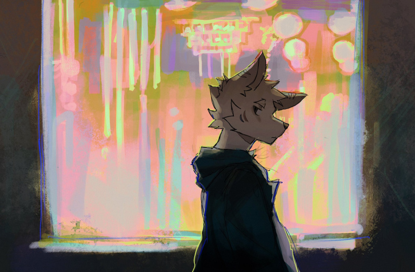 1boy abstract_background backlighting bandaid_on_ear black_eyes black_hoodie facial_mark from_side furry furry_male highres hood hoodie itooku looking_at_viewer original solo standing thick_eyebrows white_fur wolf_boy