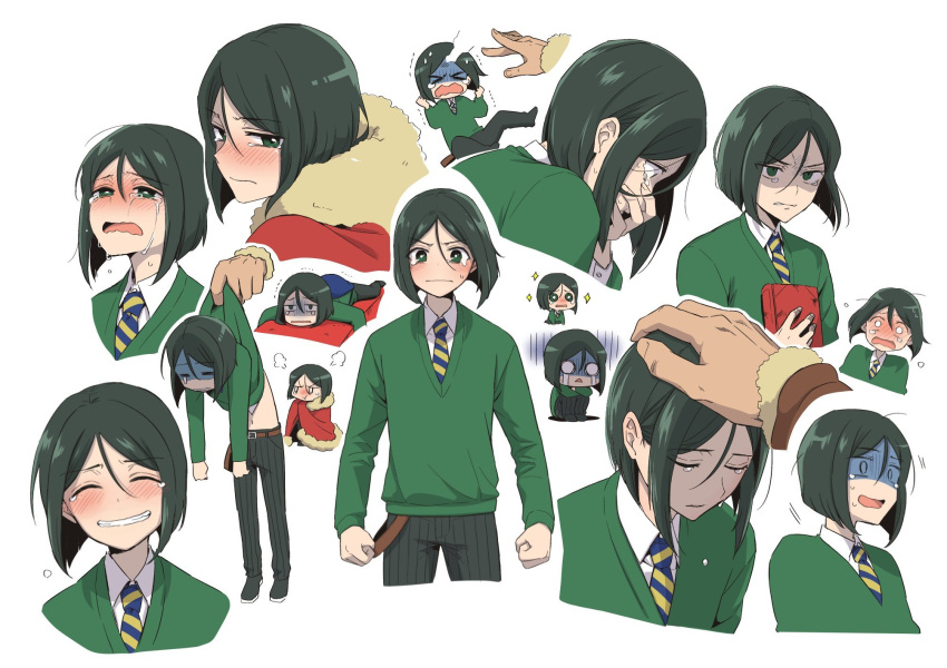 1boy 2boys black_hair blush book chibi clenched_hands closed_eyes crying fate/zero fate_(series) green_eyes green_sweater grin highres holding holding_book iskandar_(fate) lying multiple_boys multiple_views necktie on_stomach open_mouth shirt simple_background sitting smile sparkle striped_necktie sweater tears tsumumi_(kandume103) waver_velvet white_background white_shirt