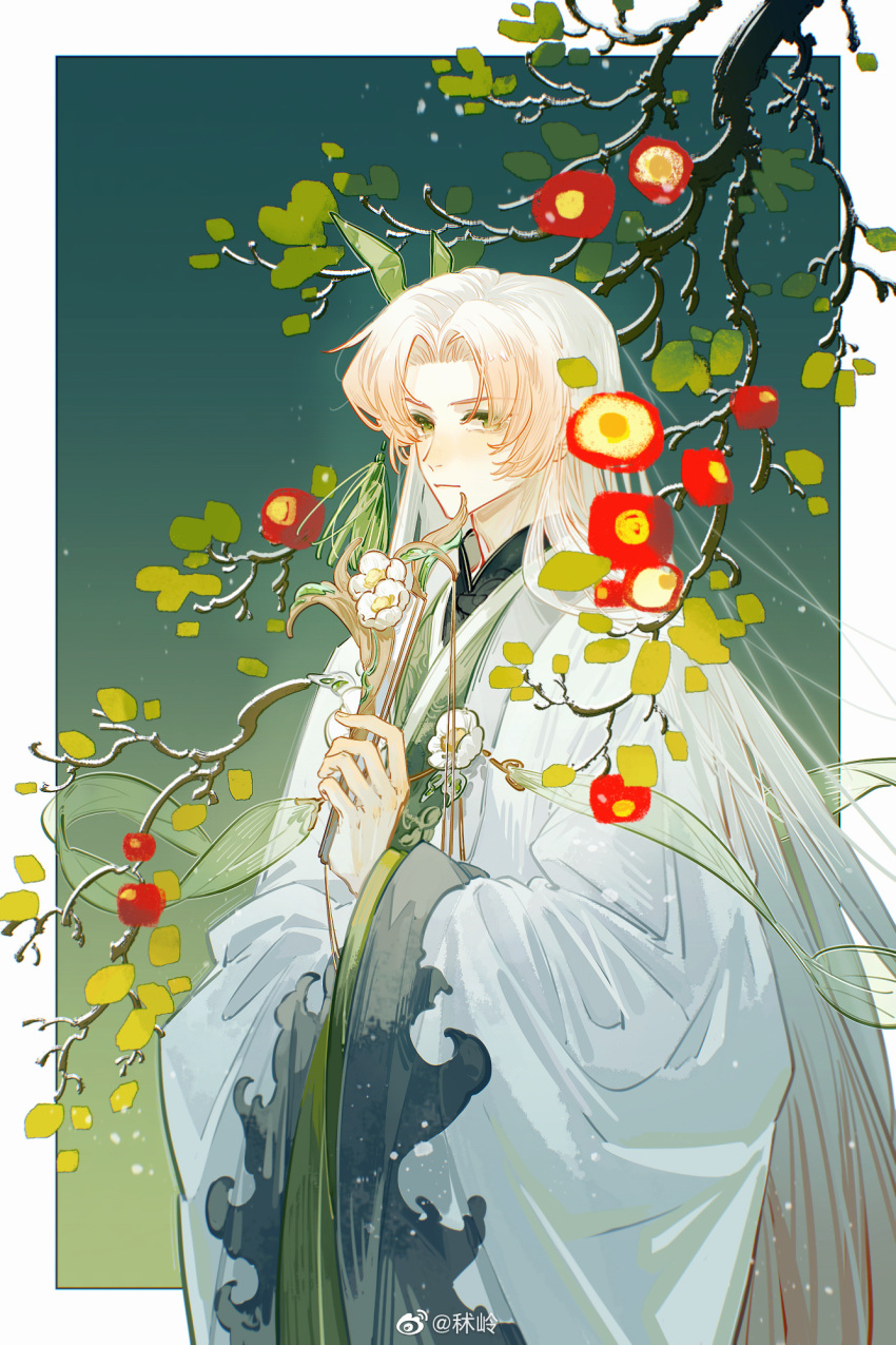 1boy :| border bow branch camellia chinese_clothes closed_mouth coat cowboy_shot curtained_hair expressionless flower flower_ornament folded_fan folding_fan gradient_hair green_bow green_eyes green_robe hair_ornament hand_fan hanfu highres holding holding_fan leaf long_hair long_sleeves longjing_shrimp_(the_tale_of_food) looking_at_viewer male_focus multicolored_hair open_clothes open_coat outside_border parted_bangs pink_hair procreate_(medium) red_flower robe shuling solo standing the_tale_of_food very_long_hair white_border white_coat white_flower white_hair wide_sleeves
