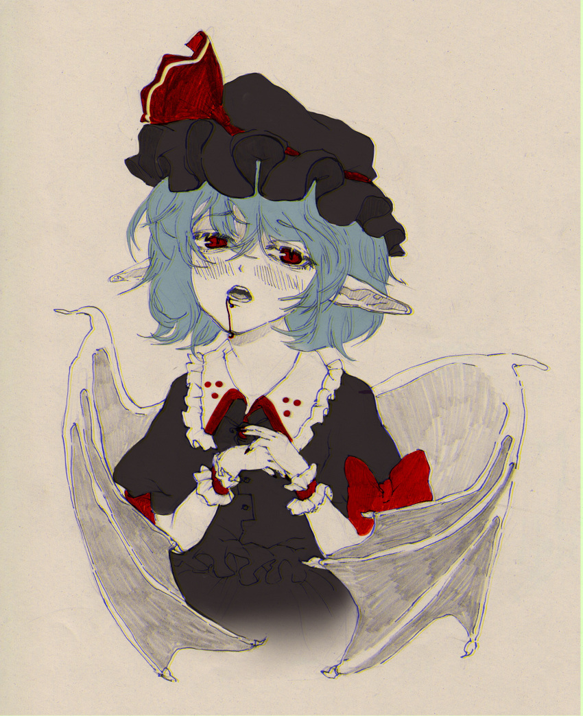 1girl bat_wings black_headwear black_shirt blood blood_from_mouth blue_hair bow brown_background collared_shirt cropped_torso fingernails frilled_shirt frilled_shirt_collar frills hair_between_eyes hat hat_ribbon head_tilt highres long_fingernails looking_at_viewer medium_hair mob_cap open_mouth own_hands_together pointy_ears puffy_short_sleeves puffy_sleeves red_bow red_eyes red_nails red_ribbon remilia_scarlet ribbon ribbon-trimmed_headwear ribbon_trim sharp_fingernails shirt short_sleeves simple_background sketch sleeve_bow solo teeth touhou upper_body wings wrist_cuffs yuuren_kyouko