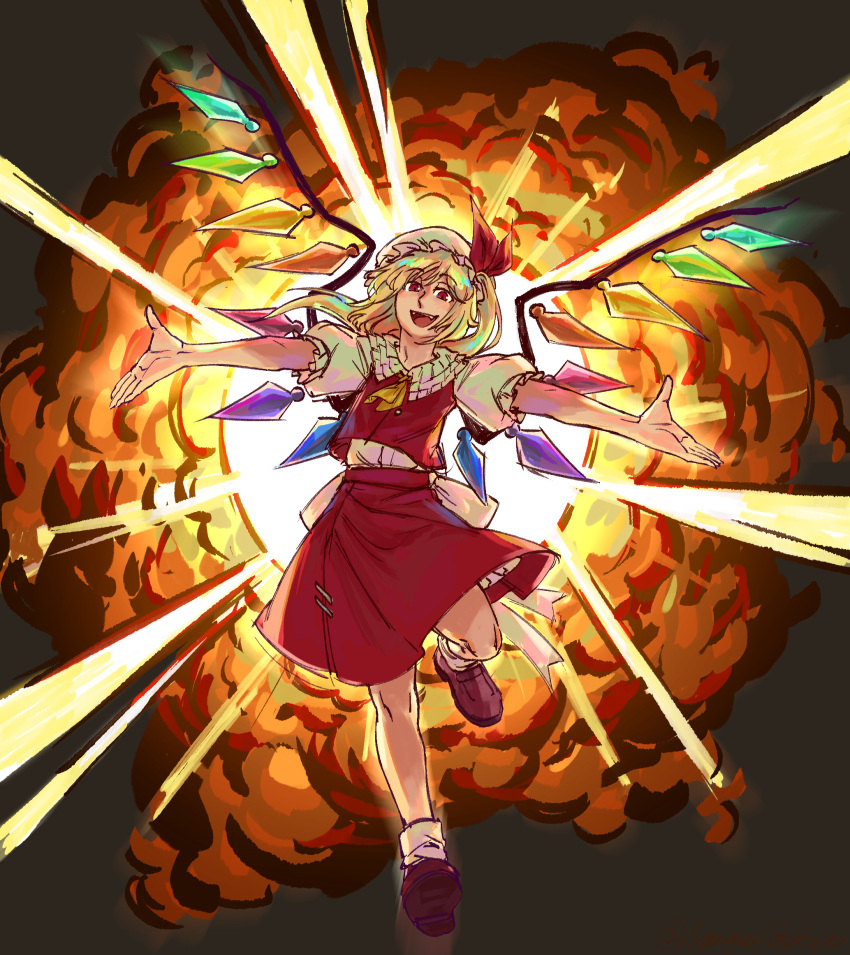 1girl ascot back_bow backlighting blonde_hair bow brown_footwear collared_shirt commentary english_commentary explosion fangs flandre_scarlet frilled_shirt_collar frilled_sleeves frills full_body hat highres large_bow looking_at_viewer medium_hair mob_cap multicolored_wings one_side_up open_mouth petticoat puffy_short_sleeves puffy_sleeves red_eyes red_skirt red_vest shirt shoe_soles shoes short_sleeves skirt skirt_set socks solo speargsun teeth touhou upper_teeth_only vest white_bow white_headwear white_shirt white_socks wings yellow_ascot