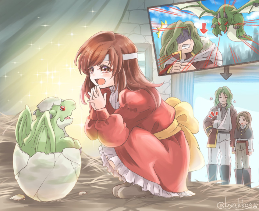 1girl 2boys altena_(fire_emblem) arion_(fire_emblem) artist_name baby bandaged_arm bandages black_footwear blue_sky boots brick_wall brown_eyes brown_hair byakkos clenched_teeth closed_eyes closed_mouth clouds commentary_request cracked_egg dragon dragon_wings dress egg emphasis_lines family fangs fire_emblem fire_emblem:_genealogy_of_the_holy_war frills hairband happy highres horns indoors medium_hair multiple_boys open_mouth own_hands_together red_dress red_eyes skin_fangs sky smile sparkle squatting surprised teeth travant_(fire_emblem) twitter_username white_hairband wings
