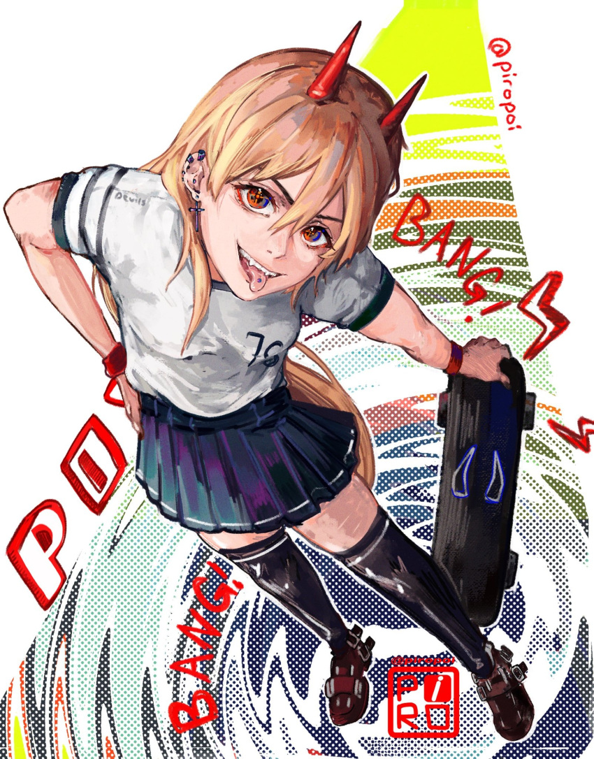 1girl black_thighhighs blonde_hair breasts chainsaw_man commentary cross cross-shaped_pupils cross_earrings ear_piercing earrings english_commentary fangs from_above full_body hand_on_own_hip highres horns jewelry miniskirt piercing piro_(piropoi) pleated_skirt power_(chainsaw_man) red_eyes red_horns red_wristband shirt skateboard skirt small_breasts solo symbol-shaped_pupils t-shirt thigh-highs tongue tongue_out tongue_piercing twitter_username watermark white_shirt zettai_ryouiki
