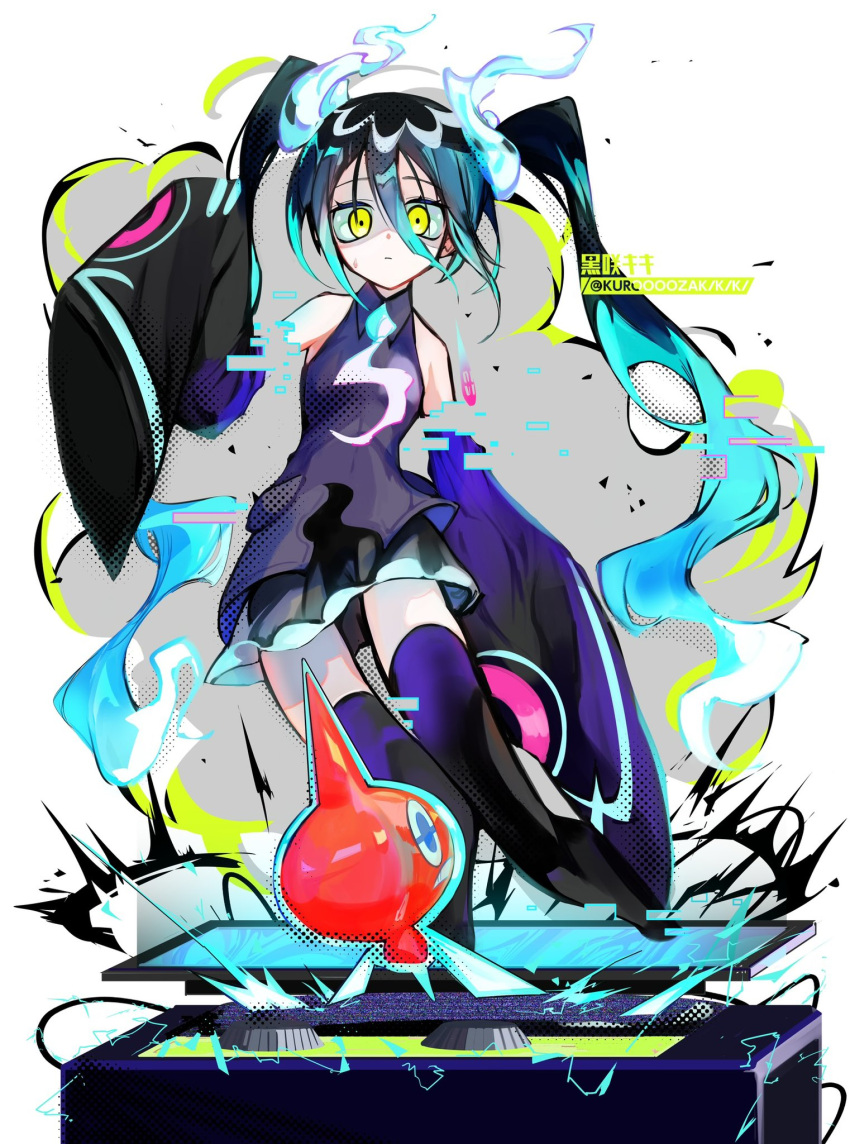1girl aqua_hair artist_name black_thighhighs commentary detached_sleeves ghost ghost_miku_(project_voltage) glitch grey_shirt hair_between_eyes hatsune_miku highres kuroooozakikiki long_hair looking_at_viewer necktie pokemon pokemon_(creature) project_voltage rotom rotom_(normal) shirt skirt sleeves_past_fingers sleeves_past_wrists thigh-highs twintails very_long_hair vocaloid will-o'-the-wisp_(mythology) yellow_eyes