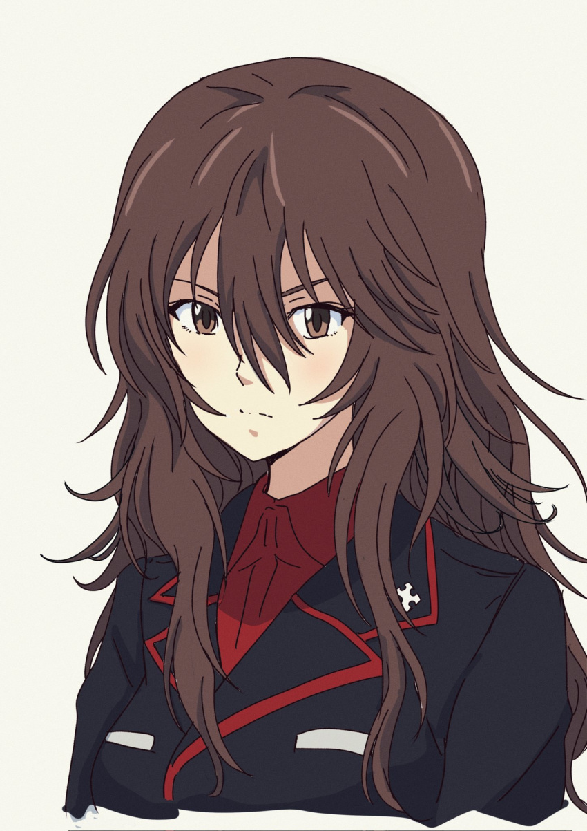 1girl alternate_hairstyle black_jacket breasts brown_eyes brown_hair closed_mouth cross dress_shirt furrowed_brow girls_und_panzer grey_background hair_between_eyes highres jacket kuromorimine_military_uniform lapel_pin lapels long_hair looking_at_viewer messy_hair mito_(mitotank) nishizumi_maho notched_lapels red_shirt red_trim shirt simple_background solo upper_body