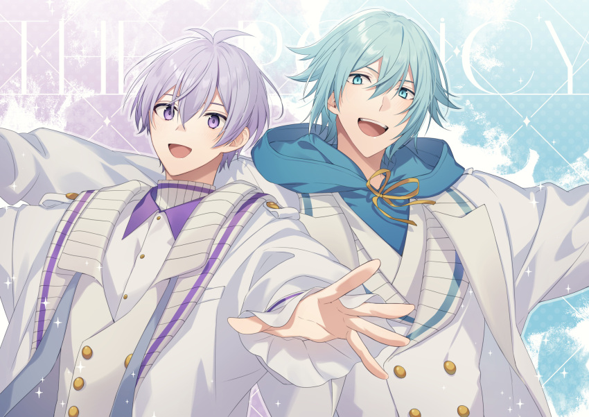 2boys aiue_o_eiua blue_background blue_eyes blue_hair blue_hoodie coat commentary_request highres hood hoodie idolish7 leaning_back light_blue_hair looking_at_viewer male_focus mezzo" multiple_boys open_mouth osaka_sougo outstretched_arms purple_background purple_hair shirt short_hair smile spread_arms teeth two-tone_background upper_body upper_teeth_only vest violet_eyes white_coat white_shirt white_vest yotsuba_tamaki