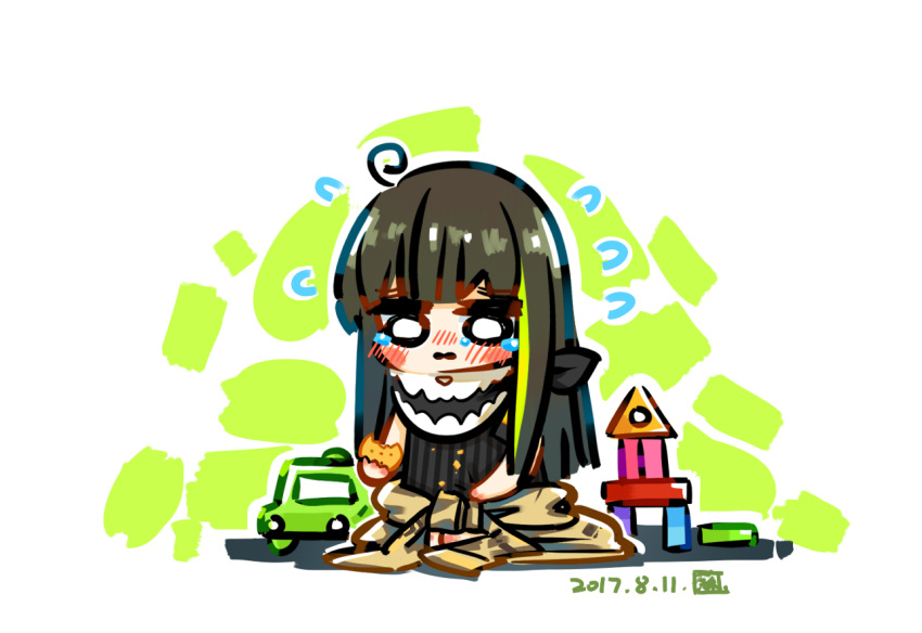 1girl black_hair black_leotard blush blush_stickers chibi chinese_commentary clothes_around_waist commentary_request cookie crumbs dated flying_sweatdrops food food_bite full_body girls_frontline green_hair holding holding_cookie holding_food jacket jacket_around_waist leotard long_hair looking_down m4a1_(girls'_frontline) mask multicolored_hair o_o parted_lips seiza simple_background sitting skull_mask solo streaked_hair su_xiao_jei tears toy_block toy_car white_background