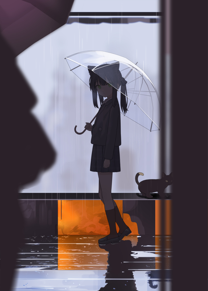 1girl absurdres animal animal_ears black_hair blue_archive blurry blurry_foreground green_eyes hair_ribbon highres holding holding_umbrella jacket kneehighs long_sleeves looking_at_viewer nagisa_(cxcx5235) outdoors pleated_skirt rain ribbon shoes shun_(blue_archive) shun_(small)_(blue_archive) skirt socks solo standing transparent transparent_umbrella twintails umbrella walking