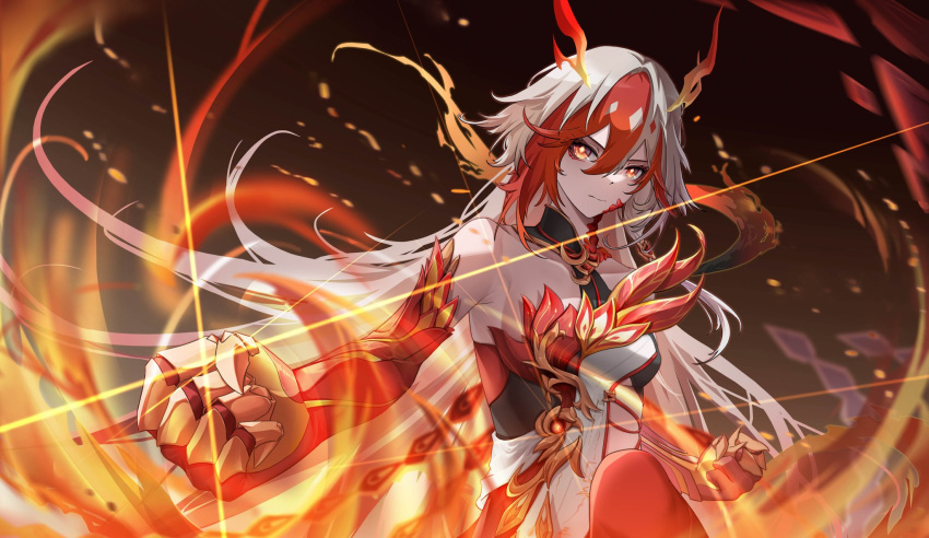 1girl animal_hands bare_shoulders black_sports_bra breasts chinese_clothes claws closed_mouth detached_sleeves egami63978427 elbow_gloves eyeliner fire fu_hua fu_hua_(garuda) gloves hair_between_eyes highres honkai_(series) honkai_impact_3rd long_hair low-tied_long_hair low_twintails makeup medium_breasts multicolored_hair red_eyeliner red_eyes red_gloves red_rope red_scales redhead rope scales solo sports_bra sportswear streaked_hair symbol-shaped_pupils twintails two-tone_hair upper_body very_long_hair white_hair yellow_pupils