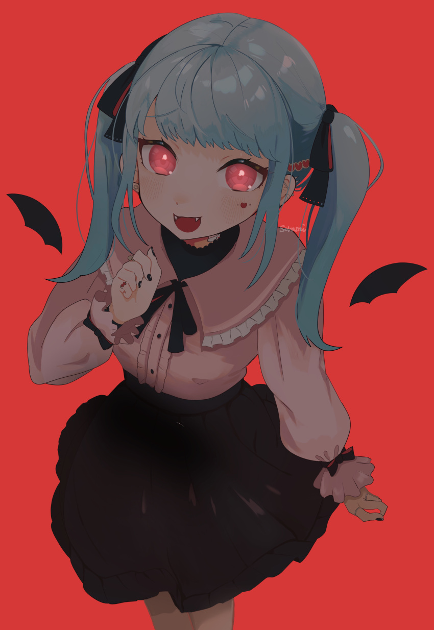 1girl absurdres bandage_on_neck bat_wings blue_hair blush center_frills commentary facial_mark fangs frilled_shirt_collar frills from_above hair_ornament hair_ribbon hairclip hand_up hatsune_miku heart heart_facial_mark heart_hair_ornament highres jewelry long_hair long_sleeves looking_at_viewer mini_wings nail_polish neck_ribbon open_mouth red_background red_eyes ribbon ring shirt_tucked_in skirt smile solo sorami twintails vampire vampire_(vocaloid) vocaloid wings