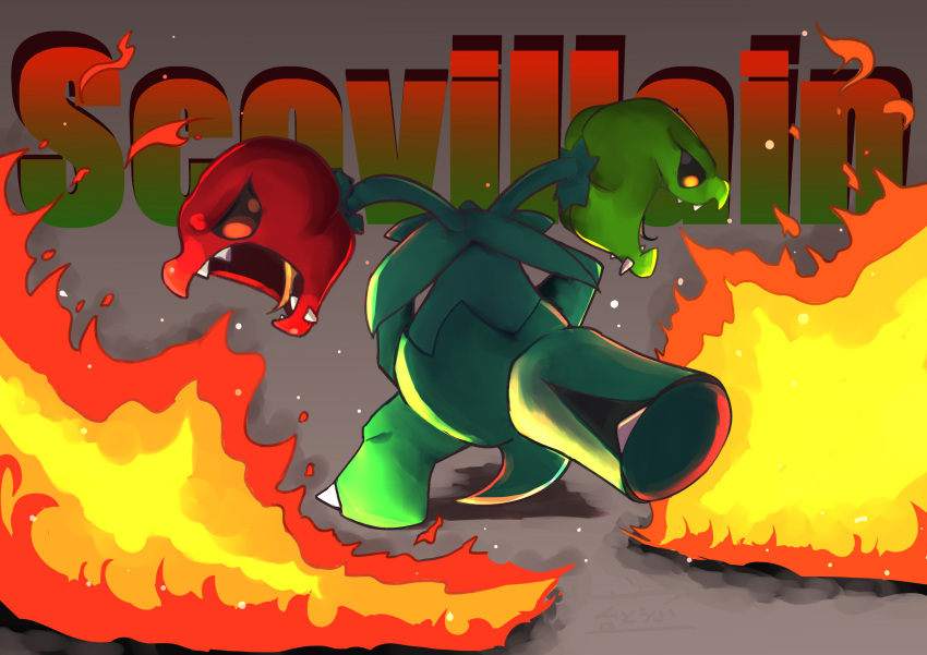 absurdres breathing_fire character_name colored_skin fangs fire green_pepper green_skin highres mujw4524 multiple_heads no_humans pokemon pokemon_(creature) red_pepper scovillain tail