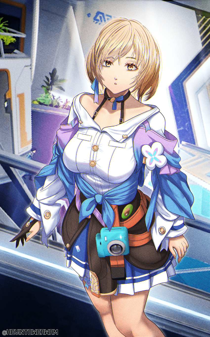 1girl absurdres acorn archery_shooting_glove artist_name badge black_choker black_corset black_gloves blonde_hair blue_jacket blue_skirt breasts button_badge buttons camera character_request choker corset cosplay cowboy_shot dress_shirt earrings english_commentary flower_ornament gloves highres honkai:_star_rail honkai_(series) jacket jewelry kevin_tower large_breasts long_sleeves march_7th_(honkai:_star_rail) march_7th_(honkai:_star_rail)_(cosplay) miniskirt parted_lips partially_fingerless_gloves pleated_skirt shirt short_hair single_earring single_glove skirt solo standing thigh_strap tied_jacket underbust white_shirt yellow_eyes