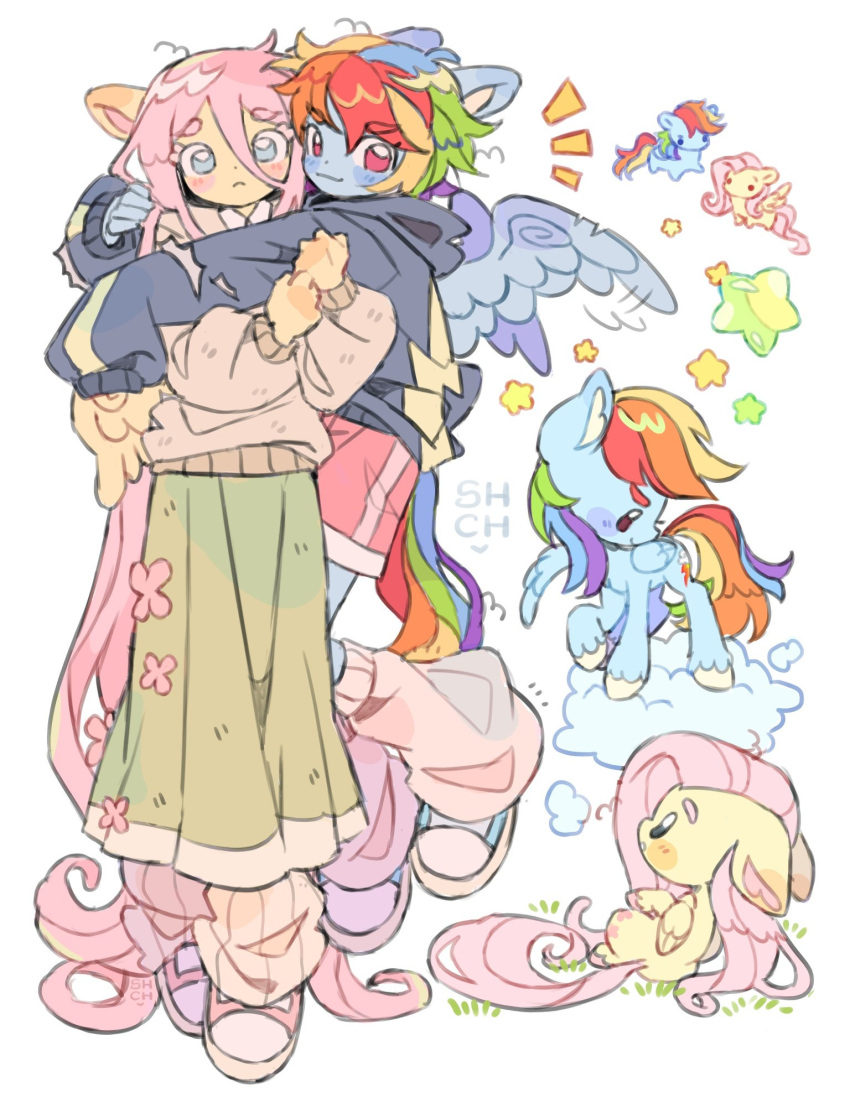 2girls animal_ears artist_name blue_eyes clouds dress fluttershy highres hug jacket leg_warmers long_hair looking_at_viewer multicolored_hair multiple_girls my_little_pony my_little_pony:_friendship_is_magic pink_eyes pony_(animal) rainbow_dash sharpycharot shorts sweater transformation wings