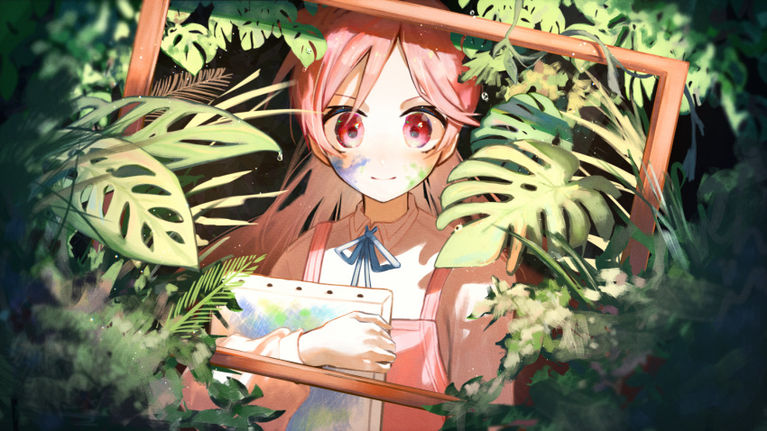 1girl blush canvas_(object) collared_shirt dress highres holding layered_clothes leaf long_hair long_sleeves looking_at_viewer neck_ribbon paint paint_on_body peperonnronna picture_frame pink_eyes pink_hair ribbon sf-a2_miki shirt sleeveless sleeveless_dress smile solo vocaloid
