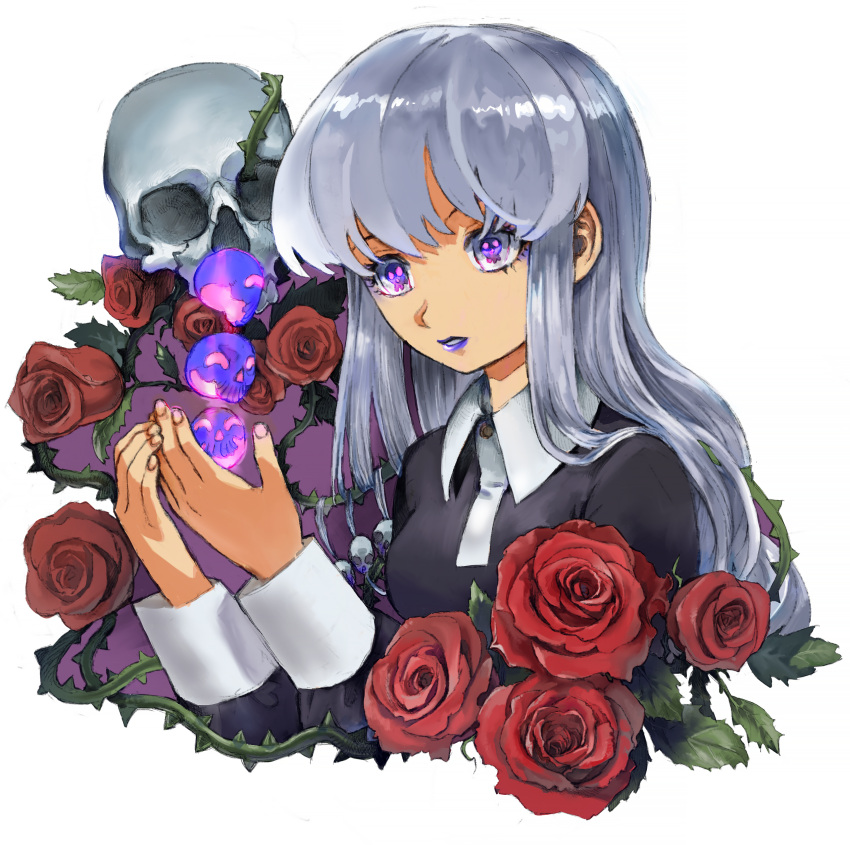 1girl absurdres blue_lips breasts flower grey_hair hands_up highres level-00 long_hair long_sleeves medium_breasts original parted_lips procreate_(medium) red_flower red_rose rose simple_background skull skull-shaped_pupils solo symbol-shaped_pupils thorns upper_body violet_eyes white_background