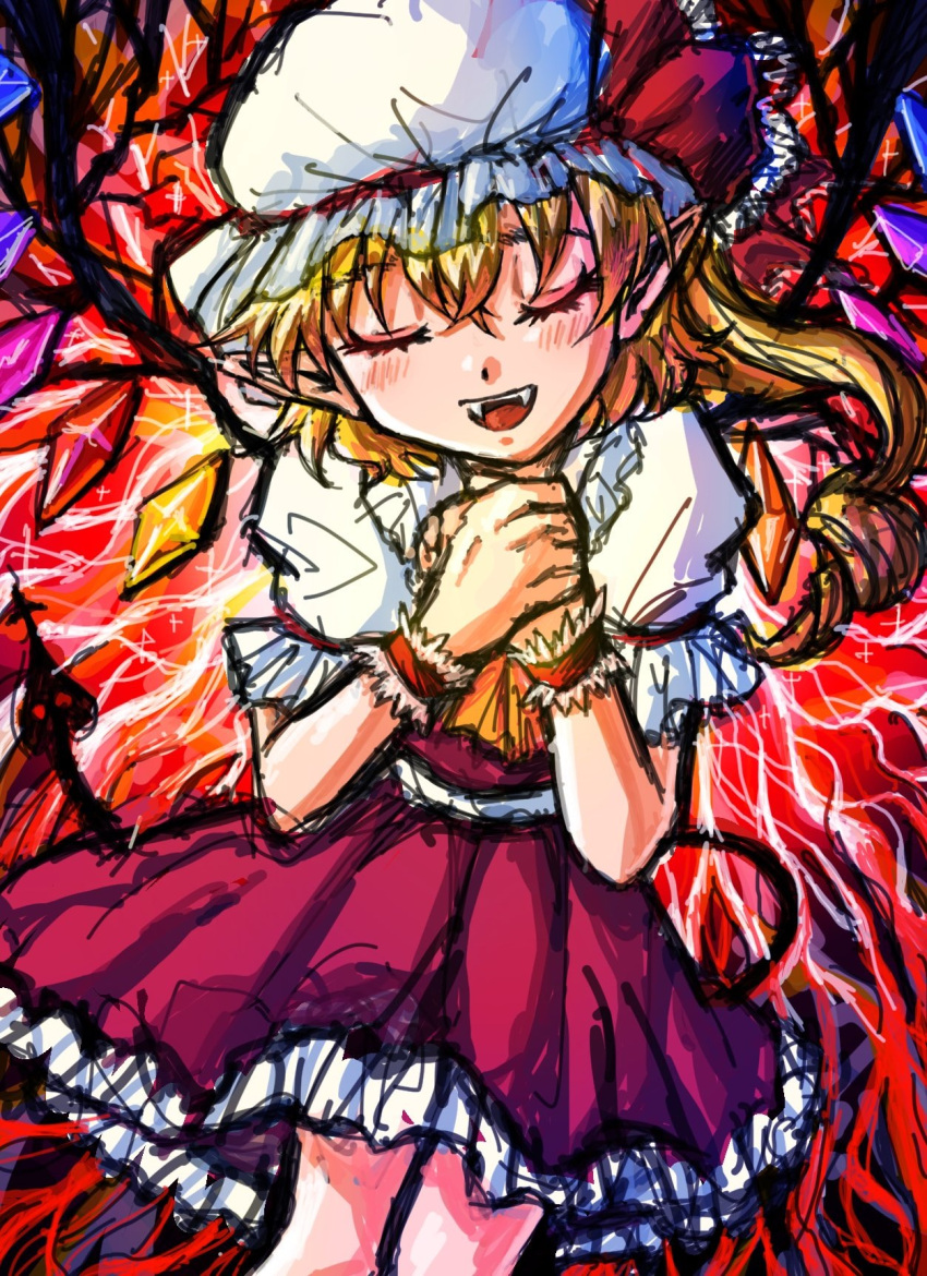 1girl ascot blonde_hair closed_eyes cowboy_shot dade_ne fangs flandre_scarlet frilled_skirt frills hair_between_eyes hat hat_ribbon head_tilt highres long_hair mob_cap multicolored_wings one_side_up open_mouth pointy_ears puffy_short_sleeves puffy_sleeves red_background red_ribbon red_skirt red_vest ribbon shirt short_sleeves skirt skirt_set sleeve_ribbon solo teeth touhou upper_teeth_only vest white_headwear white_shirt wings yellow_ascot