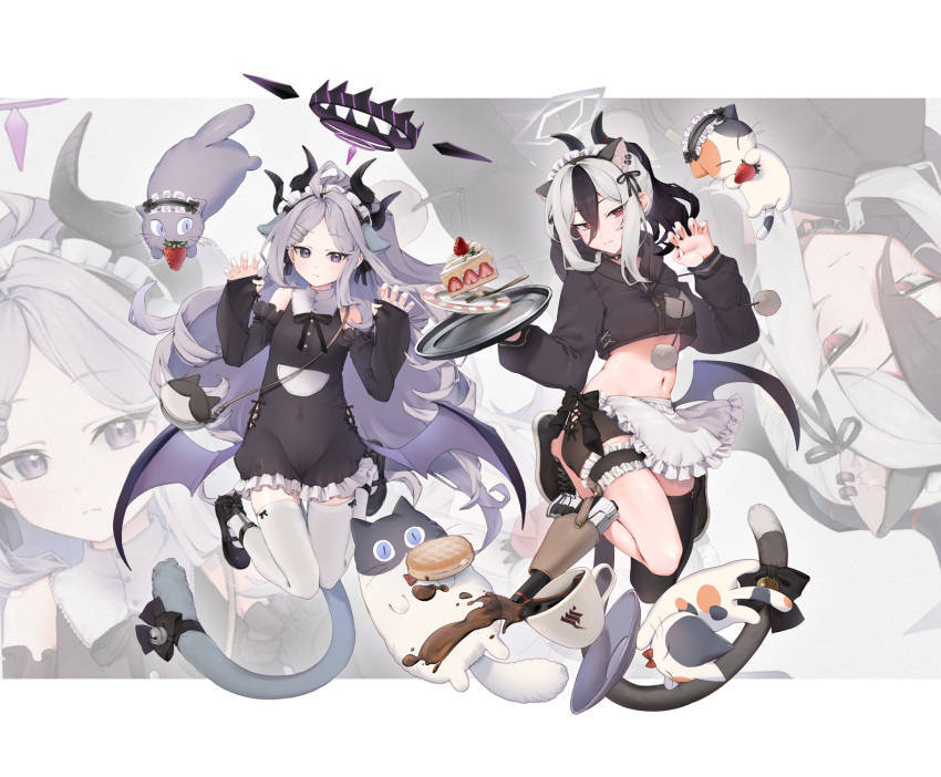 2girls alternate_costume apron black_dress black_hair blue_archive cat commentary_request demon_girl demon_horns demon_wings dress enmaided forehead hair_between_eyes halo highres hina_(blue_archive) horns kayoko_(blue_archive) long_hair long_sleeves looking_at_viewer maid maid_apron maid_headdress mary_janes multicolored_hair multiple_girls navel okurahokori parted_bangs parted_lips paw_pose ponytail red_eyes shoes sidelocks simple_background single_wing stomach thigh-highs two-tone_hair violet_eyes wavy_hair white_hair white_thighhighs wings zettai_ryouiki zoom_layer
