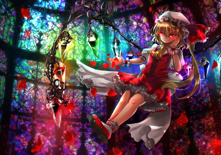 1girl adapted_costume akino_rishian alternate_wings ascot back_bow blonde_hair bow breasts closed_mouth collared_shirt commentary_request flandre_scarlet full_body glowing glowing_eyes glowing_wings grey_socks hair_between_eyes hat highres huge_bow large_bow light_smile long_hair looking_at_viewer mob_cap multicolored_background multicolored_wings nail_polish one_side_up puffy_short_sleeves puffy_sleeves red_eyes red_footwear red_nails red_petals red_ribbon red_skirt red_vest ribbon ribbon-trimmed_socks shirt shoe_soles short_sleeves skirt skirt_set sleeve_ribbon small_breasts socks solo stained_glass touhou vest white_bow white_headwear white_shirt wings wrist_cuffs yellow_ascot