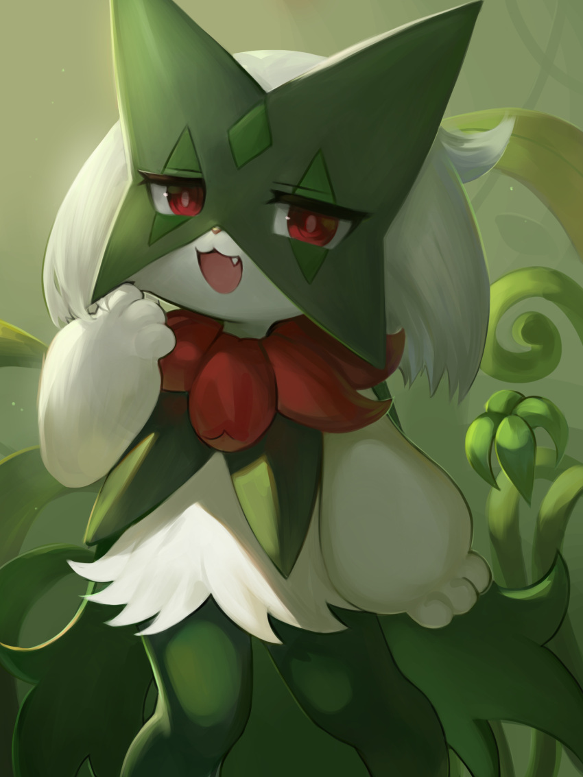 :d commentary_request cosplay dokomon fang feet_out_of_frame flower full_body furry green_background hand_up highres korean_commentary looking_at_viewer meowscarada meowscarada_(cosplay) plant pokemon red_eyes red_flower smile solo standing white_fur