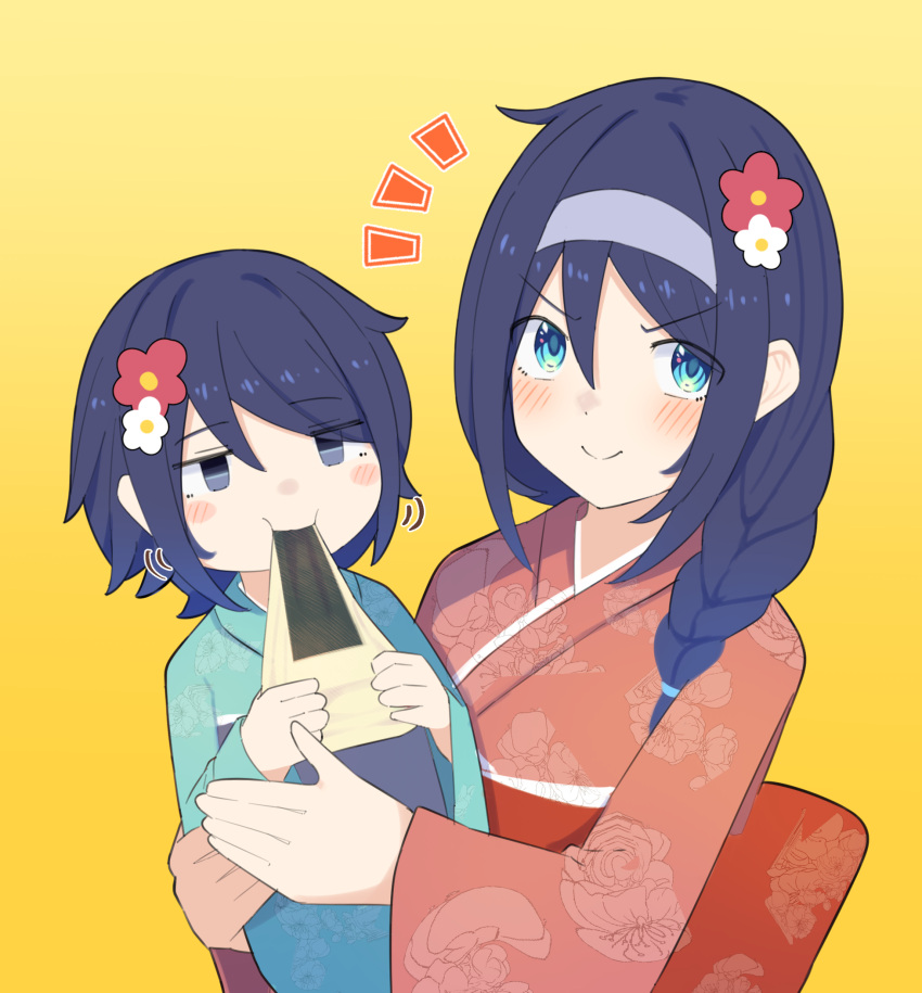 2girls blue_kimono carrying carrying_person child eating floral_print flower food hair_flower hair_ornament happy highres japanese_clothes kimono kyutai_x mochi mother_and_daughter multiple_girls original print_kimono red_kimono short_hair smile
