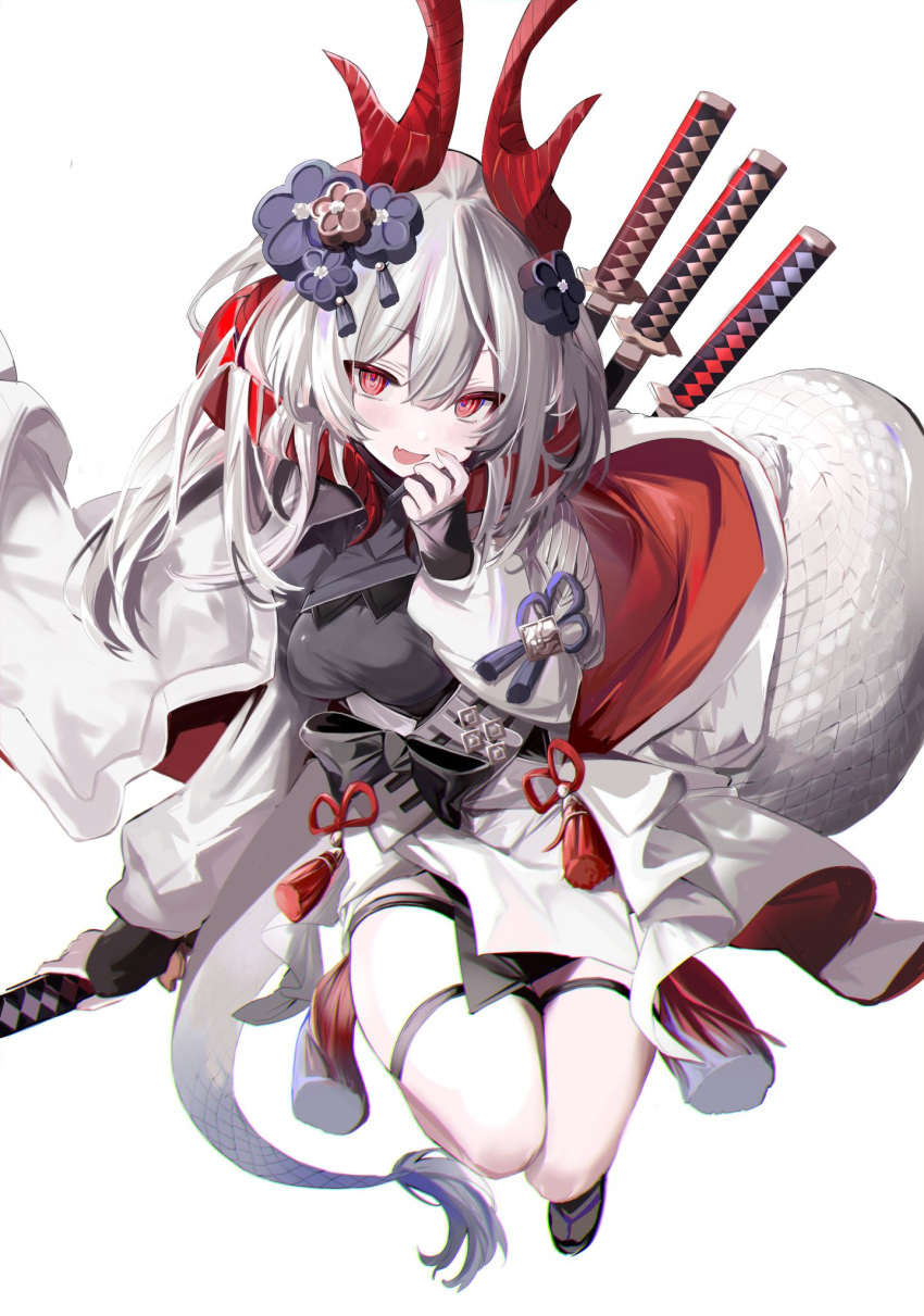 1girl character_request copyright_request dragon_girl dragon_horn dragon_tail fang from_above full_body hair_ornament highres japanese_clothes katana long_hair onodera_nire open_mouth red_eyes sandals simple_background skin_fang solo sword tail thighs weapon white_background white_hair