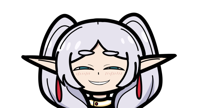 1girl anya's_heh_face_(meme) blue_eyes blush deformed earrings elf frieren grey_hair highres jewelry looking_at_viewer meme parody parted_bangs pointy_ears short_eyebrows sidelocks simple_background smile smug solo sousou_no_frieren spy_x_family tashidraw thick_eyebrows twintails white_background