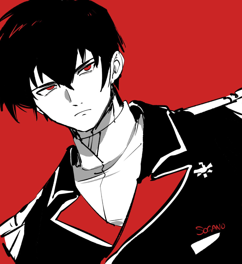 1boy artist_name black_hair black_jacket char's_counterattack closed_mouth dutch_angle frown gundam gyunei_guss hair_between_eyes highres jacket limited_palette looking_at_viewer male_focus military_uniform red_background red_eyes shirt short_hair simple_background sogano solo uniform upper_body white_shirt