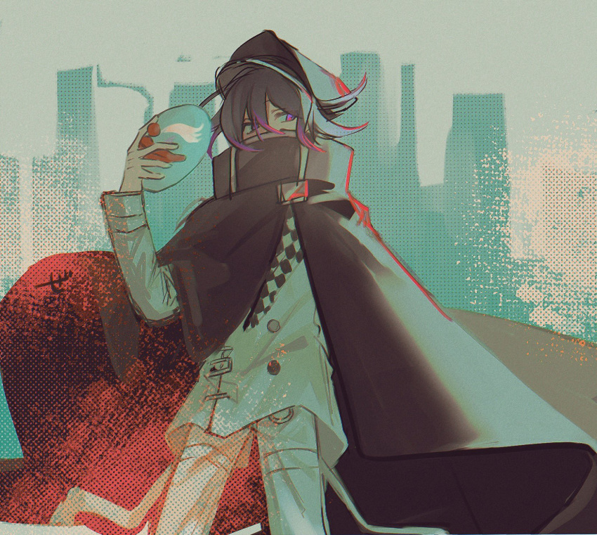1boy black_cape black_hair black_headwear buttons cape checkered_clothes checkered_scarf covered_mouth danganronpa_(series) danganronpa_v3:_killing_harmony feet_out_of_frame grey_background grey_jacket grey_pants hand_up highres holding holding_mask jacket long_sleeves mask oma_kokichi pants pink_eyes pink_hair scarf solo unworn_mask ze_ro_saiji