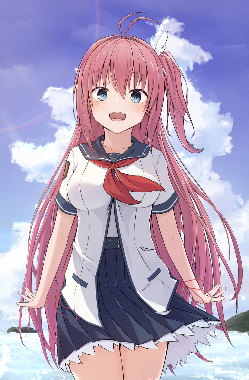 1girl :d absurdres antenna_hair ao_no_kanata_no_four_rhythm arms_at_sides black_sailor_collar blue_eyes blue_skirt blue_sky blush breasts clouds commentary cowboy_shot cumulonimbus_cloud day floating_clothes frilled_skirt frills hair_between_eyes hair_intakes happy high-waist_skirt highres kurashina_asuka long_hair looking_at_viewer medium_breasts neckerchief one_side_up open_hands open_mouth outdoors pink_hair pleated_skirt red_neckerchief sailor_collar school_uniform serafuku shirt short_sleeves sidelocks skirt sky smile solo sparkle standing straight-on straight_hair takoyaki032002 teeth upper_teeth_only very_long_hair water white_shirt wing_hair_ornament