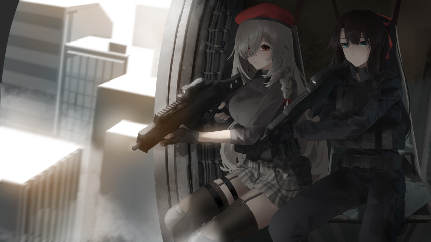 1boy 1girl absurdres aircraft ammunition_pouch asimo_(hakurei10201) belt beret black_jacket black_pantyhose blue_eyes braid breasts brown_hair building closed_mouth commander_(girls'_frontline) commission fingerless_gloves fog g36c_(girls'_frontline) g36c_(red_beret)_(girls'_frontline) garter_straps girls_frontline gloves grey_hair grey_shirt h&amp;k_g36c hair_between_eyes hair_over_one_eye hat helicopter highres holding holding_weapon jacket large_breasts load_bearing_vest long_hair long_sleeves optical_sight outdoors pantyhose plaid plaid_skirt plate_carrier ponytail pouch red_eyes red_headwear red_ribbon ribbon shirt sidelocks sitting skirt thigh-highs thigh_strap trigger_discipline weapon