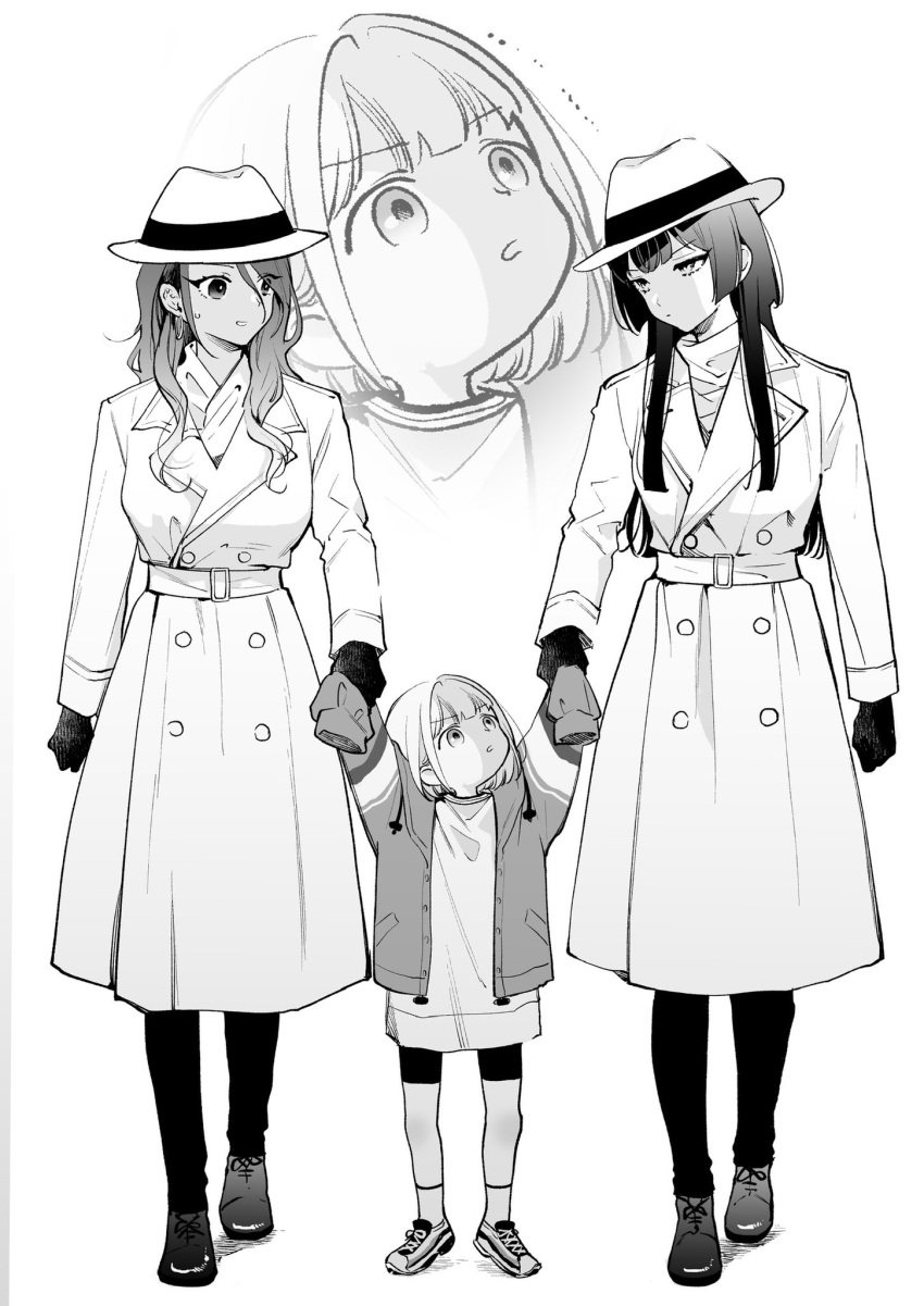 3girls :o aged_down alternate_costume arms_up bike_shorts buttons coat double-breasted earrings expressionless facing_another fedora full_body greyscale hagyouayumu hat highres holding_another's_wrist hoop_earrings idolmaster idolmaster_shiny_colors izumi_mei jewelry mayuzumi_fuyuko monochrome multiple_girls serizawa_asahi shoes simple_background sleeves_past_fingers sleeves_past_wrists sneakers straylight_(idolmaster) trench_coat white_background zoom_layer