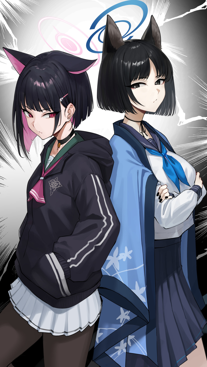 2girls absurdres animal_ear_fluff animal_ears black_choker black_nails black_pantyhose blue_archive blue_halo blue_ribbon blue_sailor_collar blue_skirt cat_ears cat_girl choker closed_mouth colored_inner_hair crossed_arms halo hand_in_pocket highres hood hoodie kazusa_(blue_archive) kikyou_(blue_archive) long_sleeves looking_at_viewer medium_hair mitsukichi multicolored_hair multiple_girls pantyhose pink_eyes pink_hair pink_halo pleated_skirt ribbon sailor_collar shirt_tucked_in skirt standing tail white_skirt