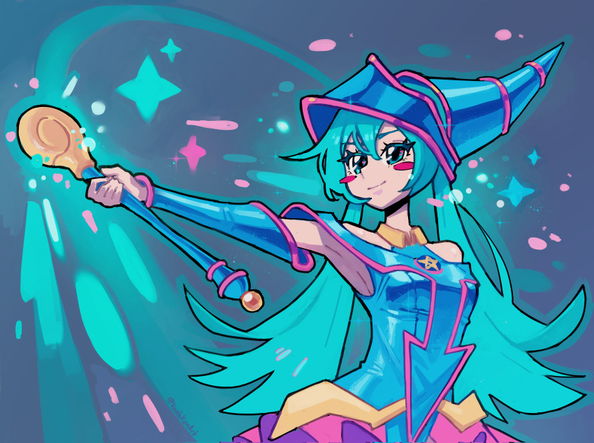 1girl absurdres aqua_eyes aqua_hair armpits blush_stickers breasts clothing_cutout commentary cosplay dark_magician_girl dark_magician_girl_(cosplay) detached_sleeves dress hat hatsune_miku highres holding holding_wand kaatokun long_hair short_dress shoulder_cutout small_breasts solo twintails upper_body vocaloid wand wizard_hat yu-gi-oh!