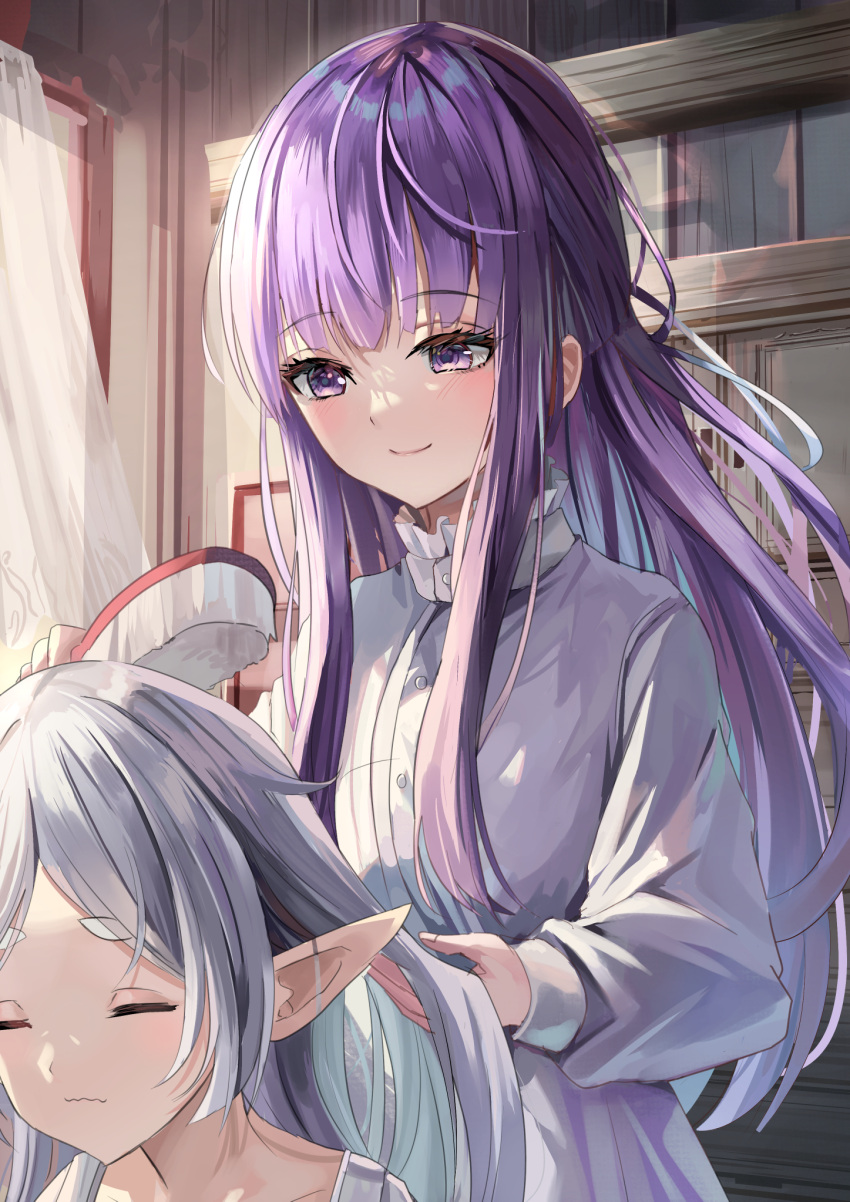 2girls adjusting_another's_hair blunt_bangs blurry brushing_hair closed_eyes collarbone comb commentary_request depth_of_field dress elf fern_(sousou_no_frieren) frieren highres holding holding_comb indoors long_hair long_sleeves looking_at_another multiple_girls pajamas parted_bangs pointy_ears purple_hair sidelocks sleepy smile sousou_no_frieren suidou_chaahan thick_eyebrows violet_eyes wavy_mouth white_dress white_hair white_pajamas