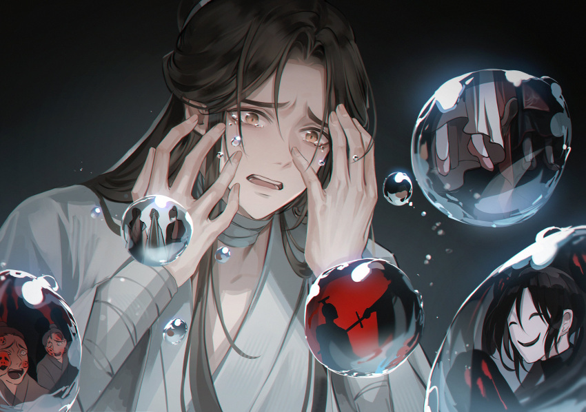 1boy absurdres bandaged_neck bandages bishounen brown_hair chinese_clothes highres long_hair long_sleeves looking_at_viewer male_focus orange_eyes robe spoilers tears tianguan_cifu very_long_hair white_hanfu white_robe wide_sleeves xie_lian young57440489