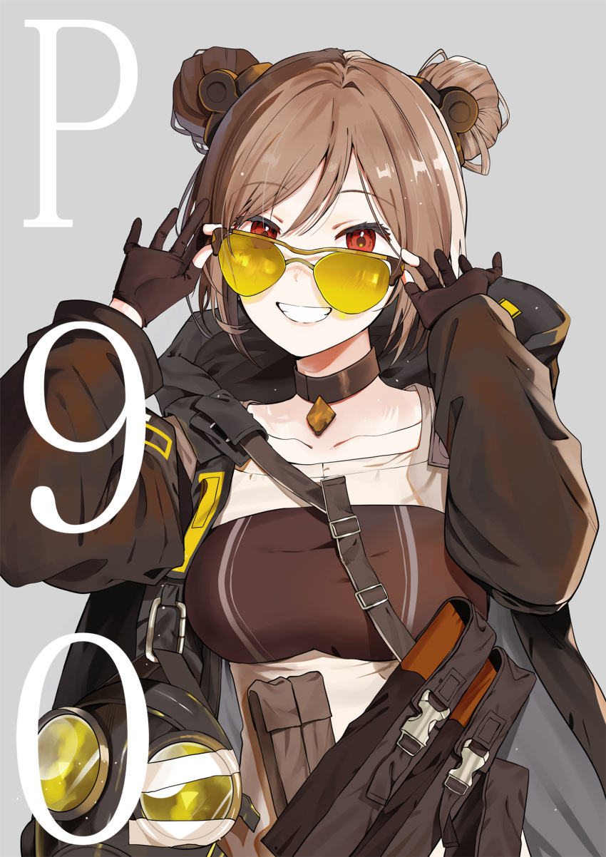 1girl ammunition_pouch black_coat black_gloves breasts brown_hair character_name choker coat commission double_bun gas_mask girls_frontline gloves grey_background hair_between_eyes hair_bun highres kawahara_shino looking_at_viewer magazine_(weapon) mask open_clothes open_coat p90_(girls'_frontline) parted_lips partially_fingerless_gloves pouch red_eyes short_hair skeb_commission smile solo sunglasses teeth upper_body