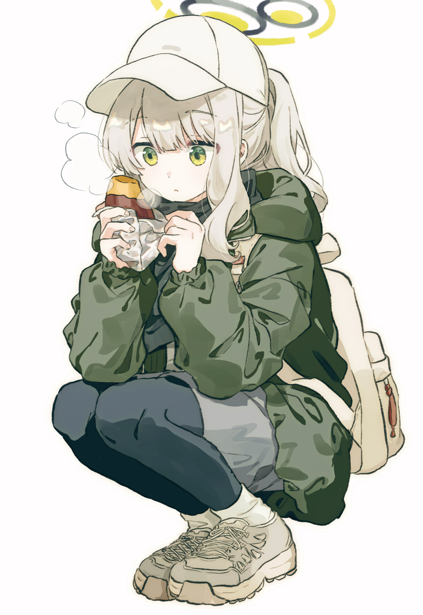 1girl absurdres backpack bag baseball_cap black_pantyhose blue_archive food green_eyes green_jacket grey_hair halo hare_(blue_archive) hare_(camp)_(blue_archive) hat highres holding holding_food jacket long_hair long_sleeves migolu pantyhose ponytail roasted_sweet_potato shoes simple_background sneakers solo squatting steam sweet_potato white_background white_headwear
